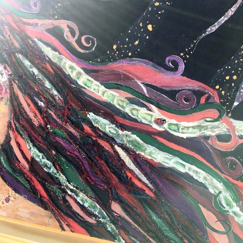 Boho Painting with Embroidered Flowers, Girl Mother Nature Art, Witchy Decor - Picture 5 of 12